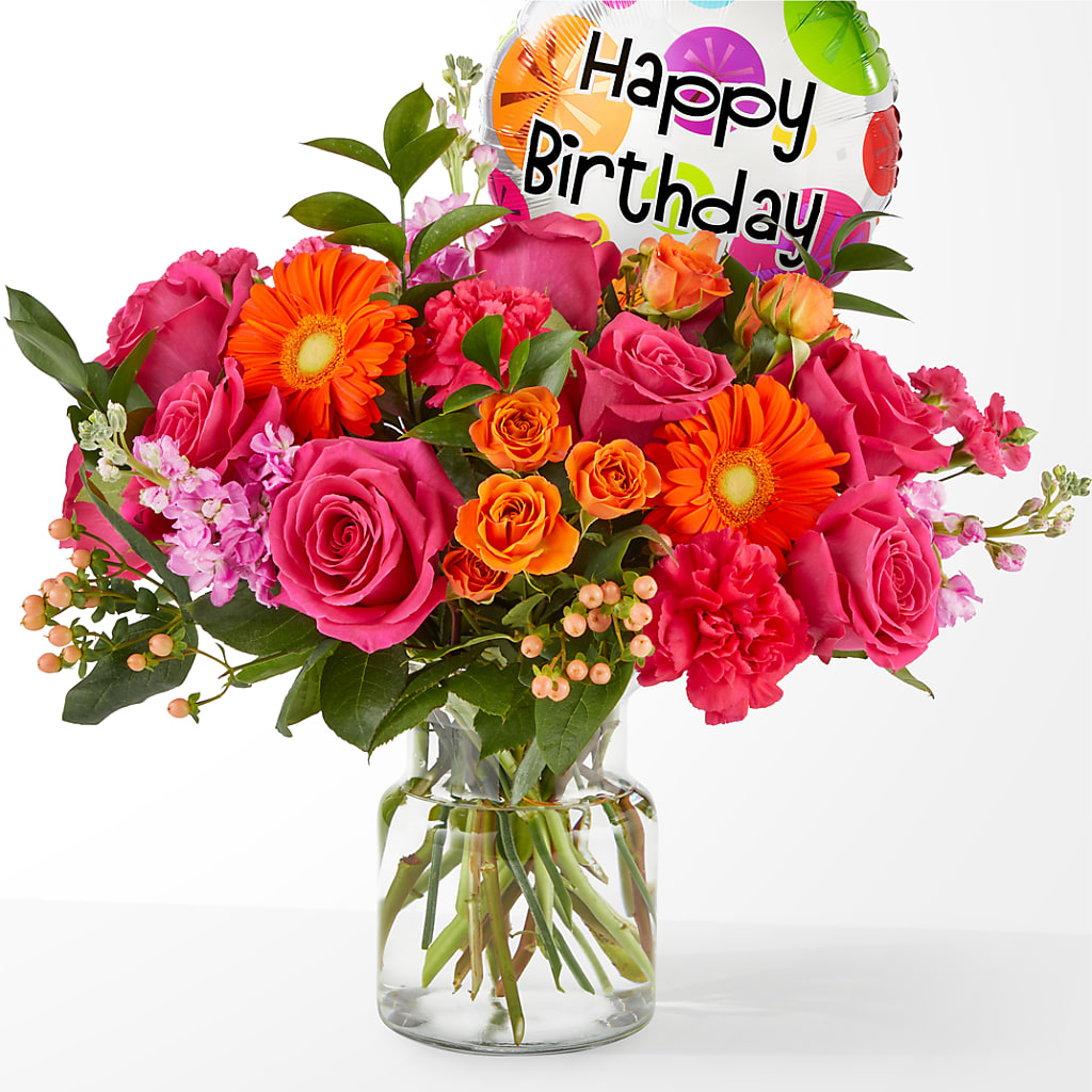 Fiesta Bouquet with Birthday Balloon – Velvet Leaf And Stem, Las Vegas NV