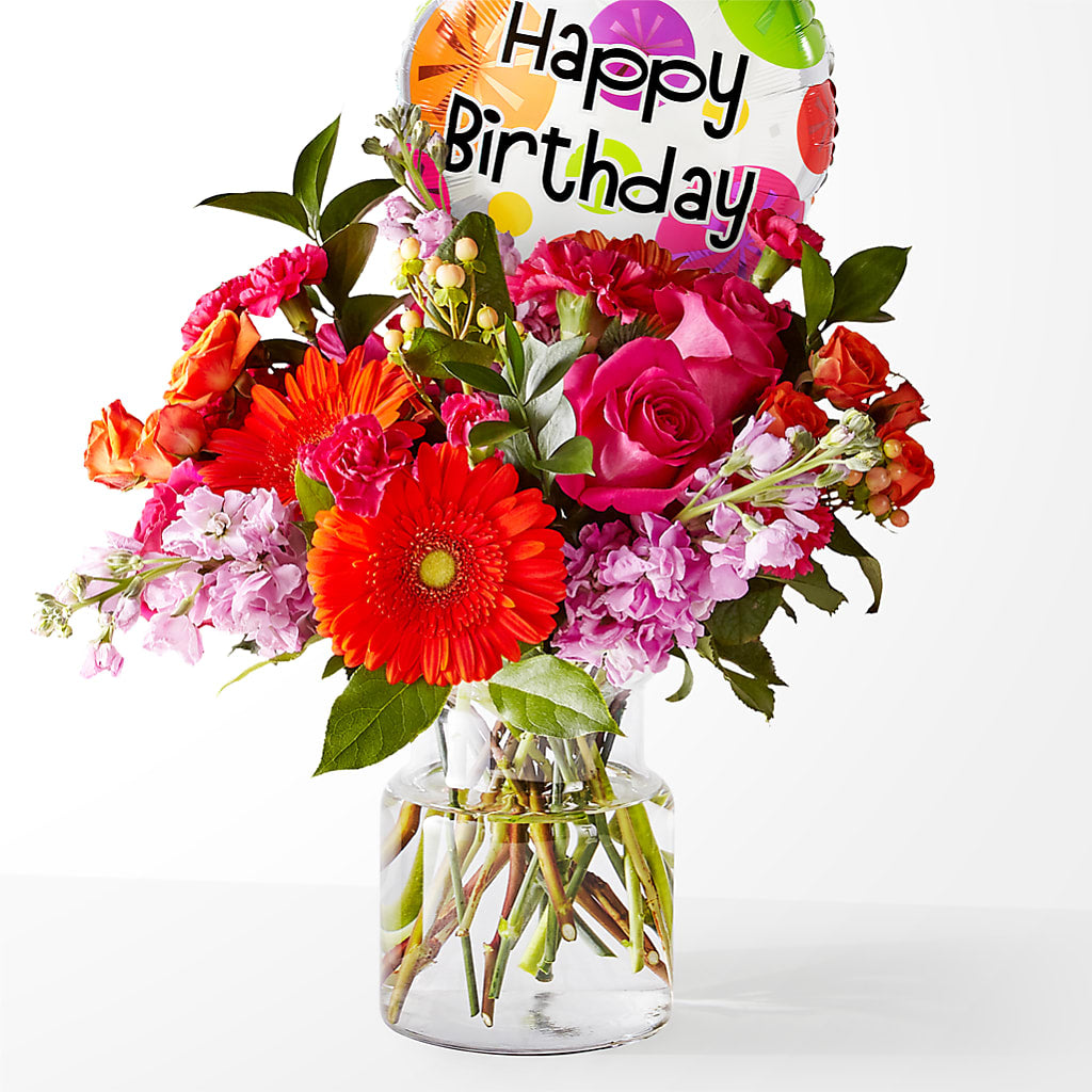 Fiesta Bouquet with Birthday Balloon – Velvet Leaf And Stem, Las Vegas NV