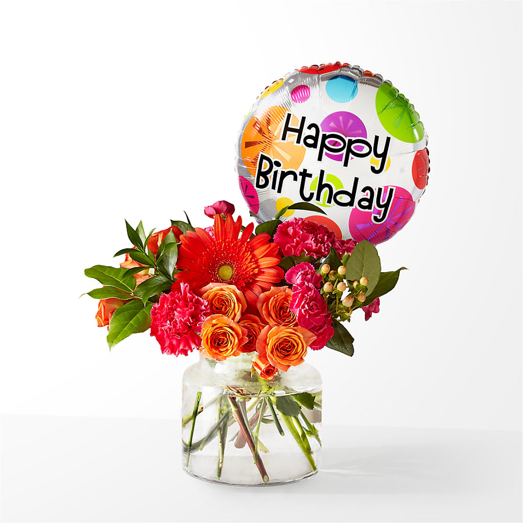 Fiesta Bouquet with Birthday Balloon – Velvet Leaf And Stem, Las Vegas NV