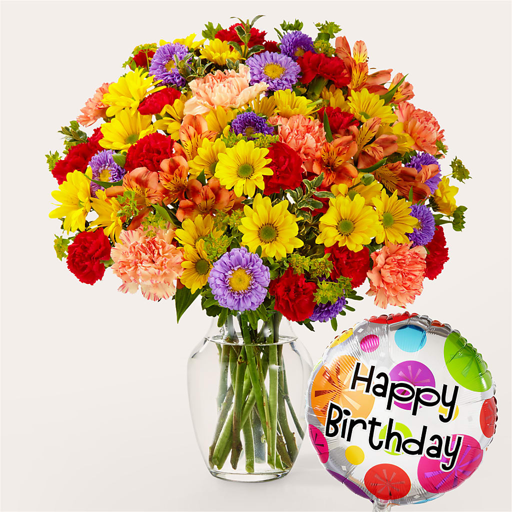 Kaleidoscope Bouquet with Birthday Balloon – Velvet Leaf And Stem, Las Vegas NV