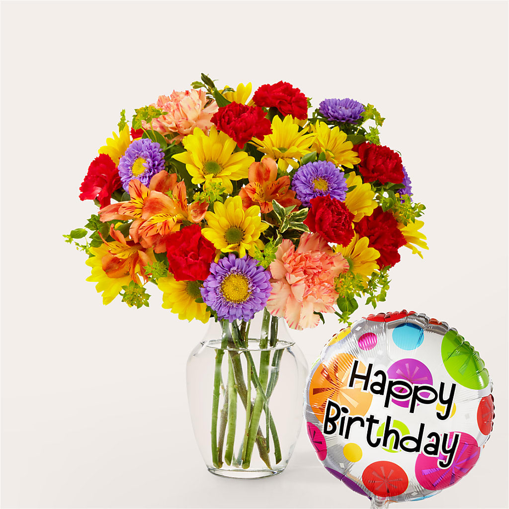 Kaleidoscope Bouquet with Birthday Balloon – Velvet Leaf And Stem, Las Vegas NV