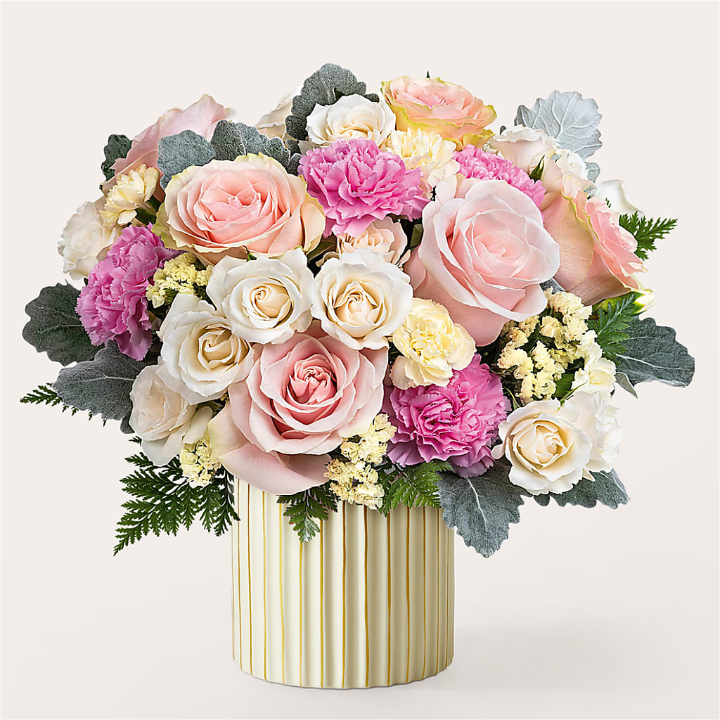 Blissful Moments Bouquet with Ivory Vase – Velvet Leaf And Stem, Las Vegas NV
