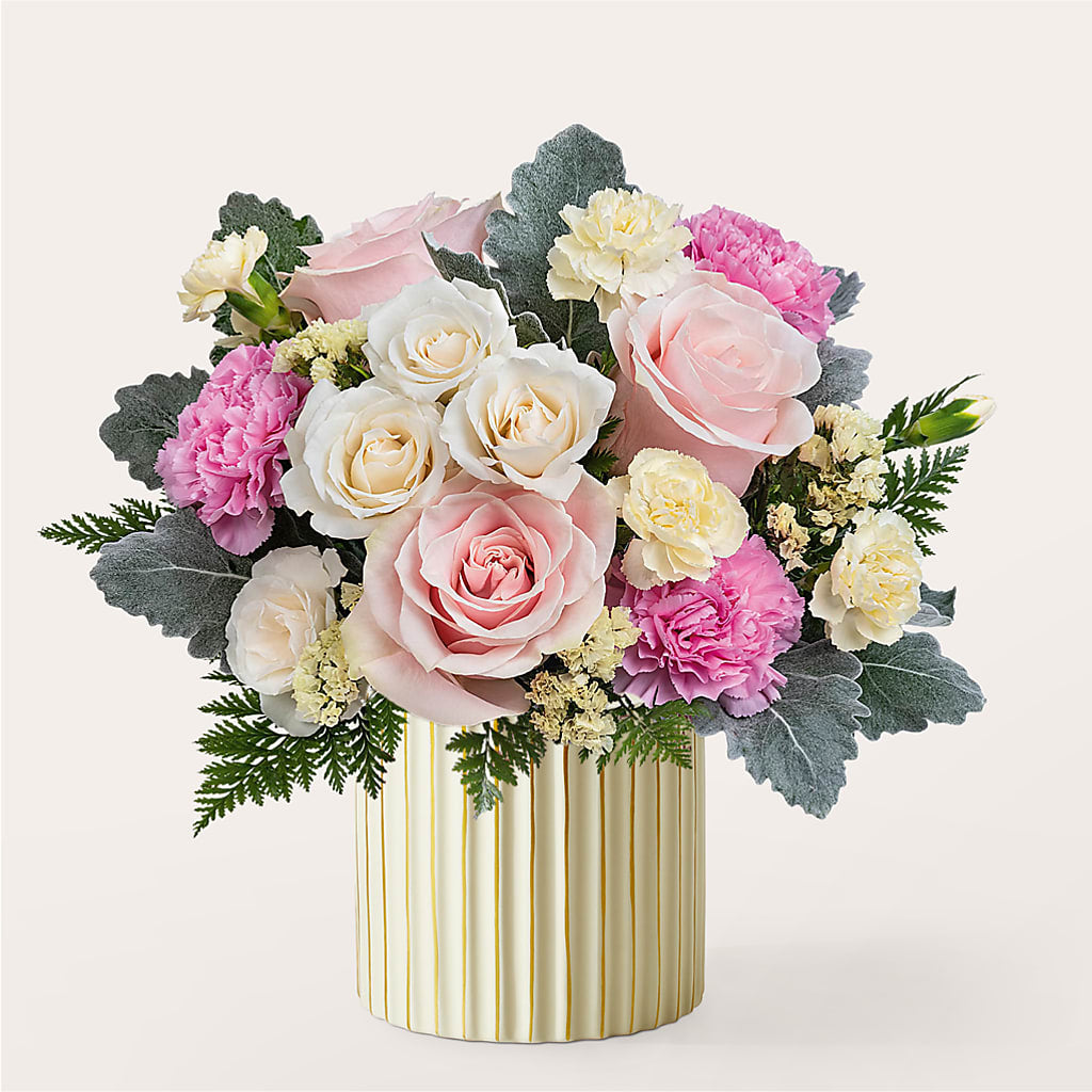 Blissful Moments Bouquet with Ivory Vase – Velvet Leaf And Stem, Las Vegas NV