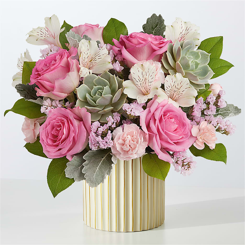 Dusty Rose Bouquet with Ivory Vase – Velvet Leaf And Stem, Las Vegas NV