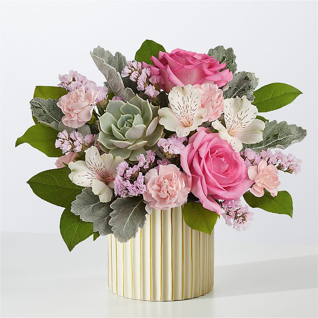 Dusty Rose Bouquet with Ivory Vase – Velvet Leaf And Stem, Las Vegas NV