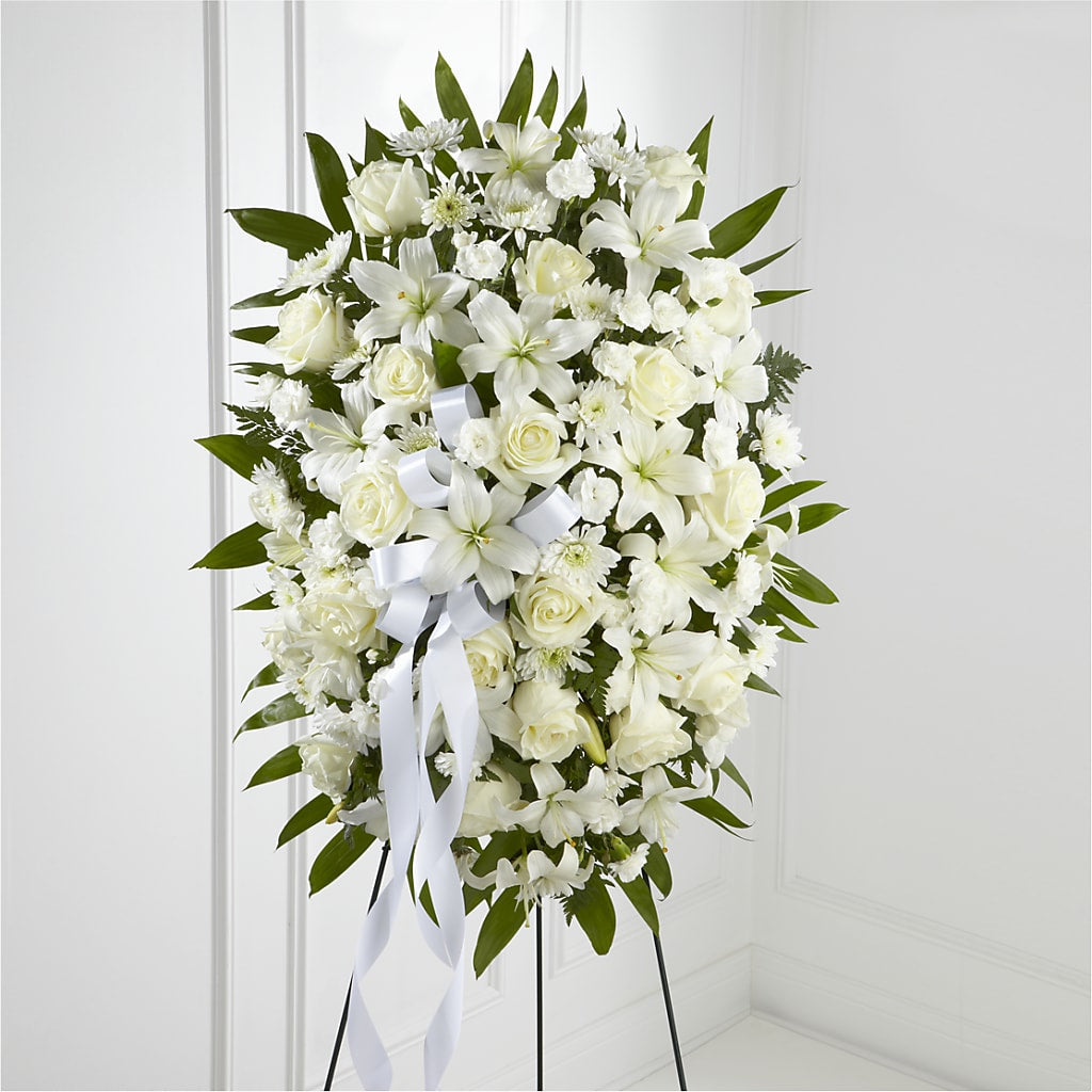 Exquisite Tribute Standing Spray-White Ribbon – Velvet Leaf And Stem, Las Vegas NV