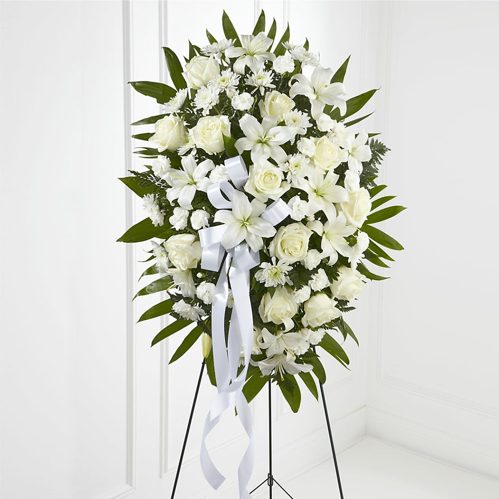 Exquisite Tribute Standing Spray-White Ribbon – Velvet Leaf And Stem, Las Vegas NV