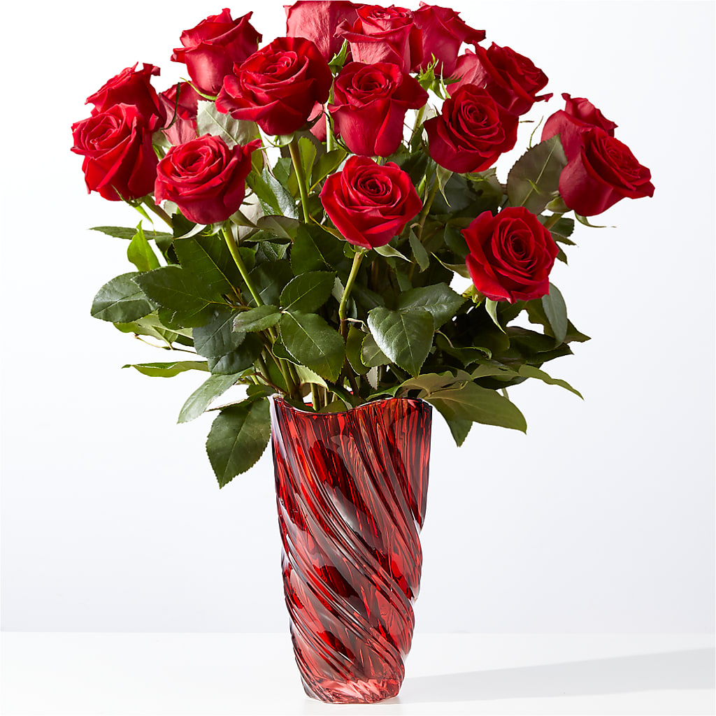 Classic Love Red Rose Bouquet with Luxe Swirl Vase – Velvet Leaf And Stem, Las Vegas NV