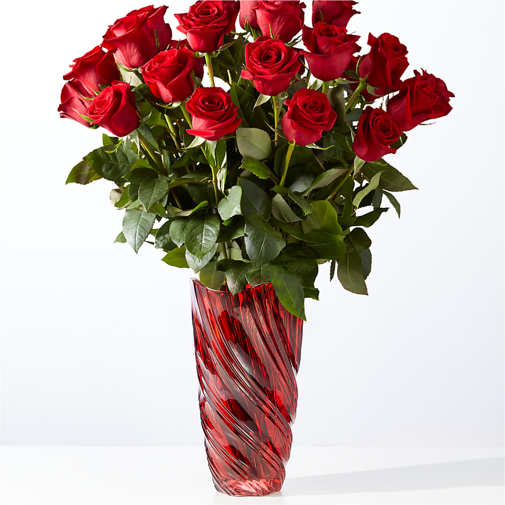 Classic Love Red Rose Bouquet with Luxe Swirl Vase – Velvet Leaf And Stem, Las Vegas NV