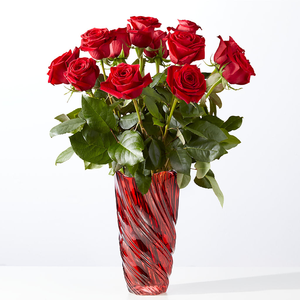 Classic Love Red Rose Bouquet with Luxe Swirl Vase – Velvet Leaf And Stem, Las Vegas NV