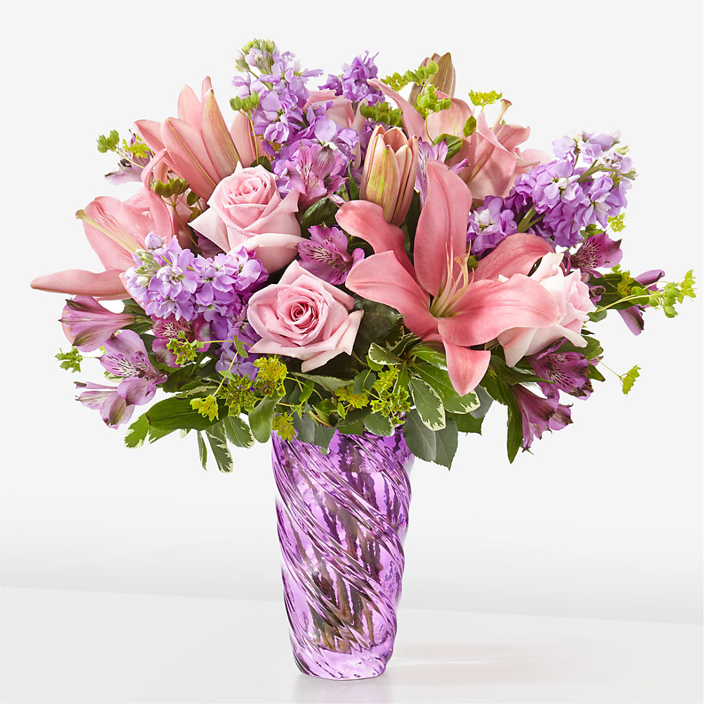 Precious Petals Bouquet with Luxe Swirl Vase – Velvet Leaf And Stem, Las Vegas NV
