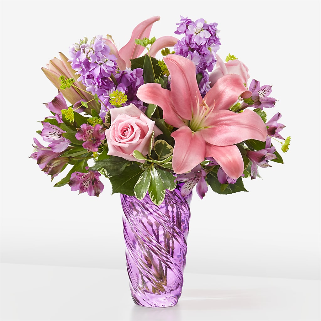 Precious Petals Bouquet with Luxe Swirl Vase – Velvet Leaf And Stem, Las Vegas NV