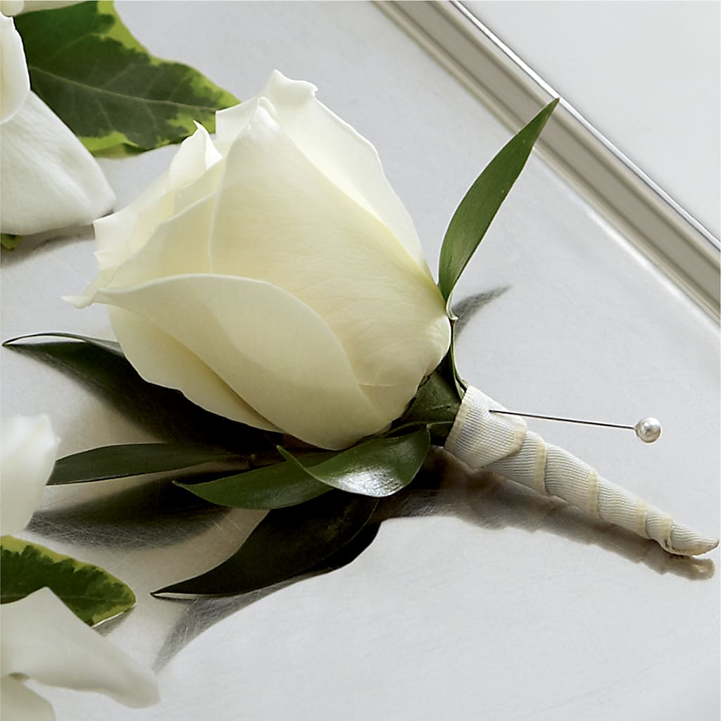 White Rose Boutonniere – Velvet Leaf And Stem, Las Vegas NV