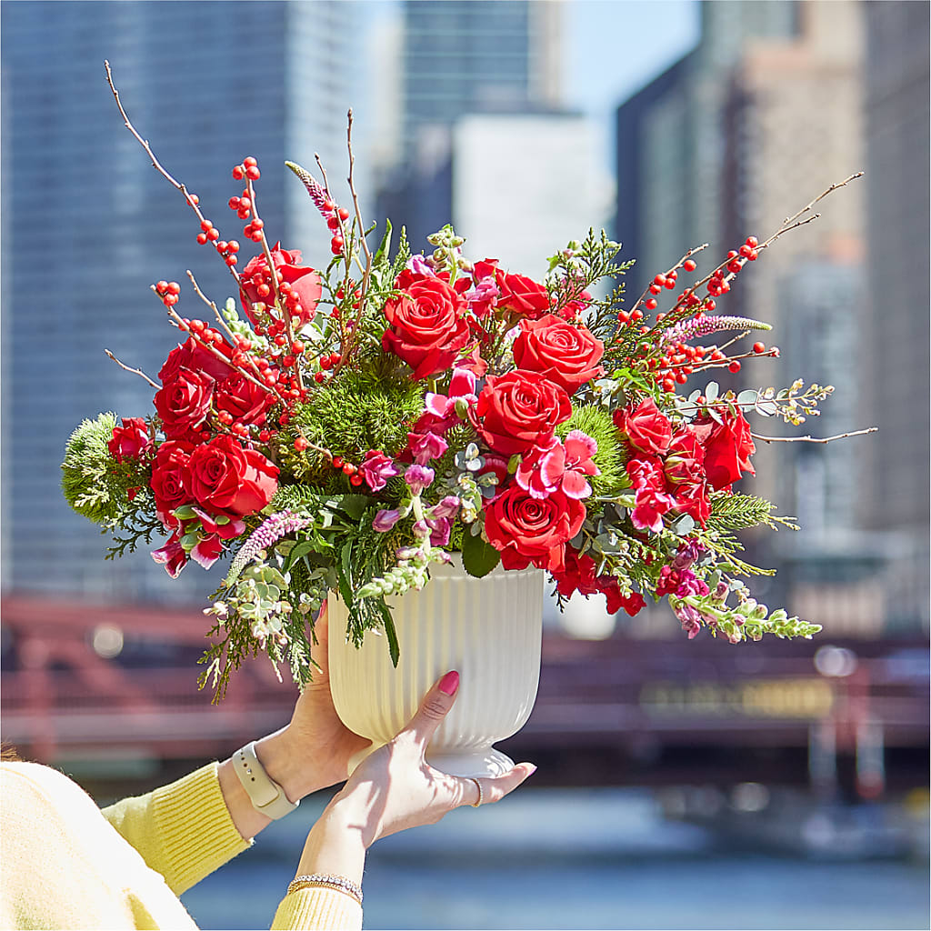 Big Red Bow Bouquet –  Velvet Leaf And Stem, Las Vegas NV