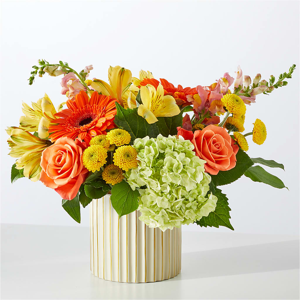 Autumn Sunshine Bouquet with Ivory Vase –  Velvet Leaf And Stem, Las Vegas NV