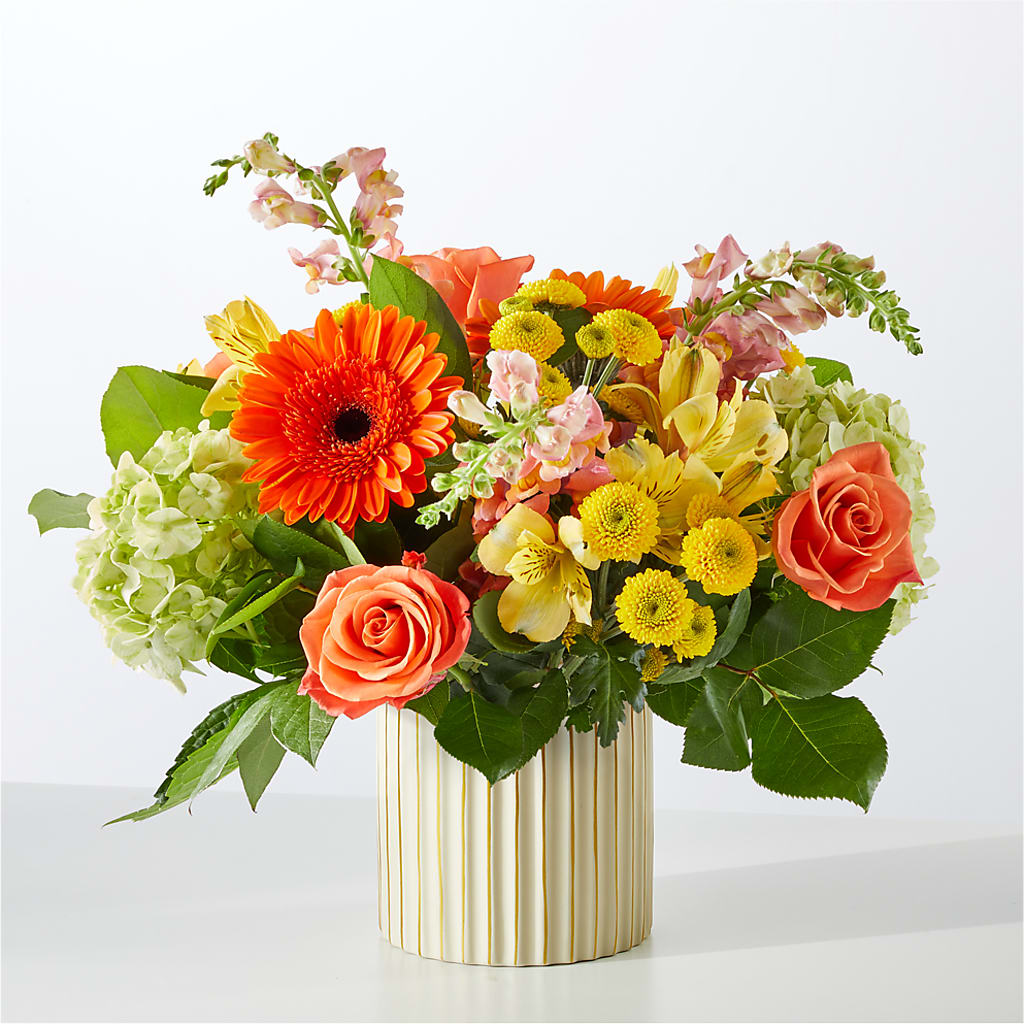 Autumn Sunshine Bouquet with Ivory Vase –  Velvet Leaf And Stem, Las Vegas NV