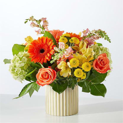 Autumn Sunshine Bouquet with Ivory Vase –  Velvet Leaf And Stem, Las Vegas NV