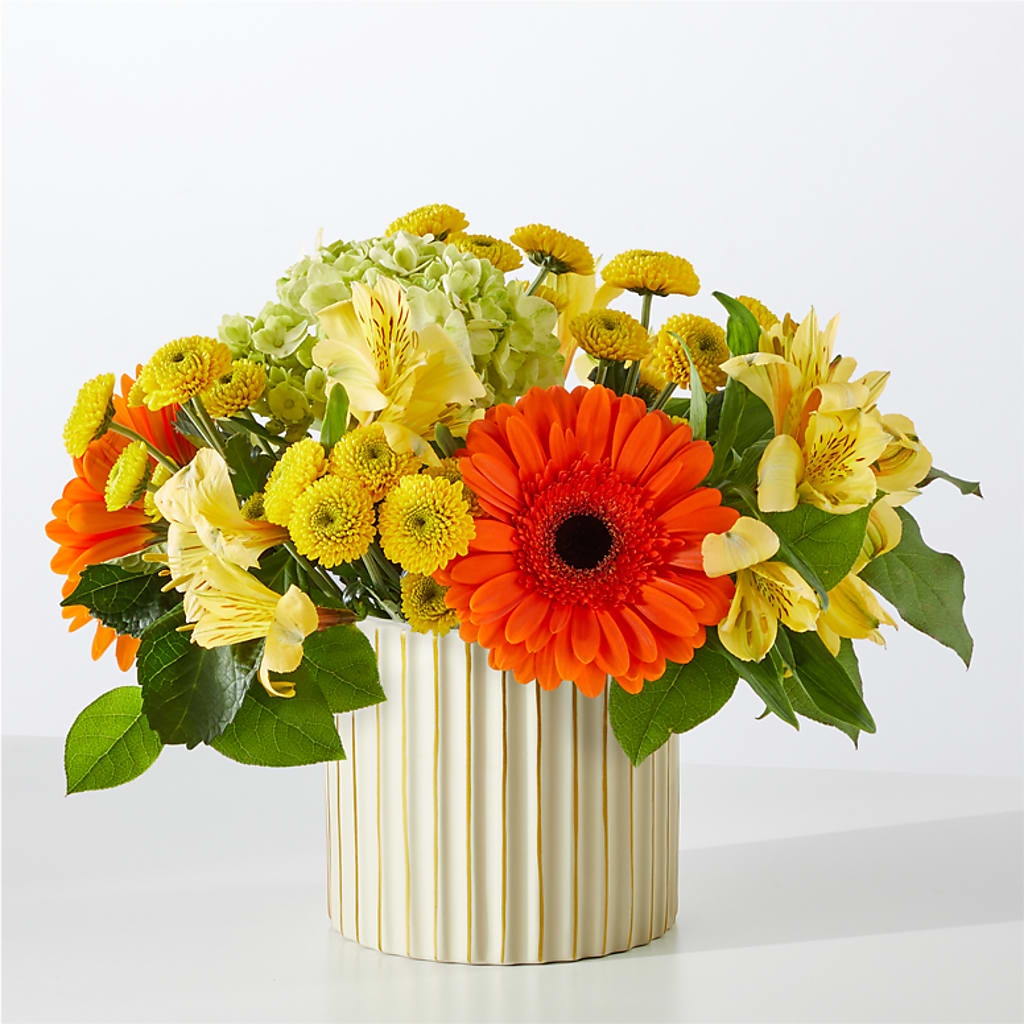 Autumn Sunshine Bouquet with Ivory Vase –  Velvet Leaf And Stem, Las Vegas NV