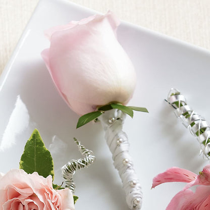 Pink Rose Boutonniere –  Velvet Leaf And Stem, Las Vegas NV
