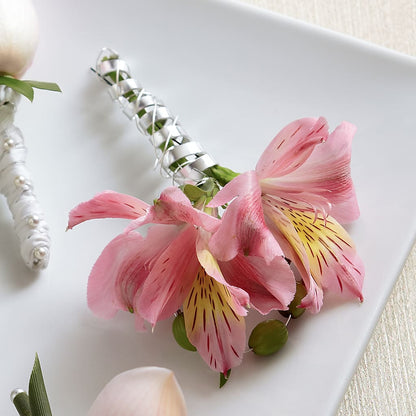 Pink Peruvian Lily Boutonniere –  Velvet Leaf And Stem, Las Vegas NV