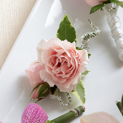Pink Spray Rose Boutonniere –  Velvet Leaf And Stem, Las Vegas NV