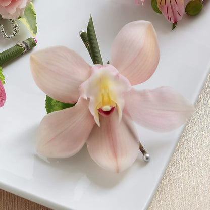 Pink Cymbidium Boutonniere –  Velvet Leaf And Stem, Las Vegas NV