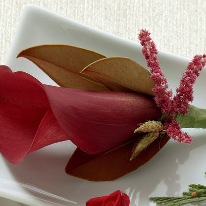 Red Calla Boutonniere –  Velvet Leaf And Stem, Las Vegas NV