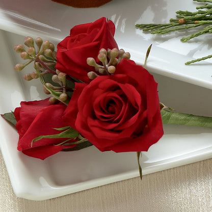Red Spray Rose Boutonniere –  Velvet Leaf And Stem, Las Vegas NV