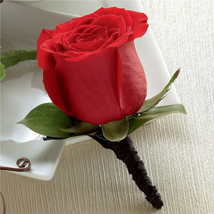 Red Rose Boutonniere –  Velvet Leaf And Stem, Las Vegas NV