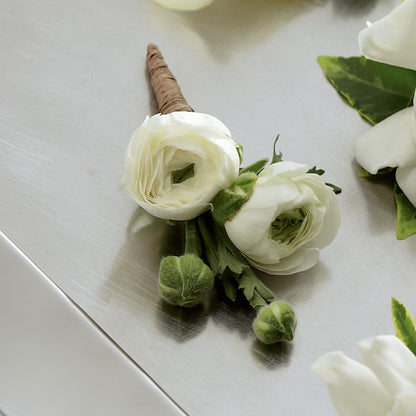 White Ranunculus Boutonniere –  Velvet Leaf And Stem, Las Vegas NV