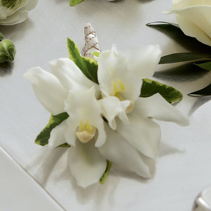 White Mini Cymbidium Boutonniere –  Velvet Leaf And Stem, Las Vegas NV