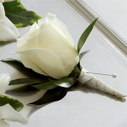 White Rose Boutonniere –  Velvet Leaf And Stem, Las Vegas NV