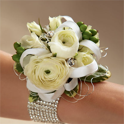 White Wedding Corsage –  Velvet Leaf And Stem, Las Vegas NV